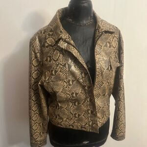 Fu Da Sports Brown/Tan Snakeskin print zip front jacket, size L